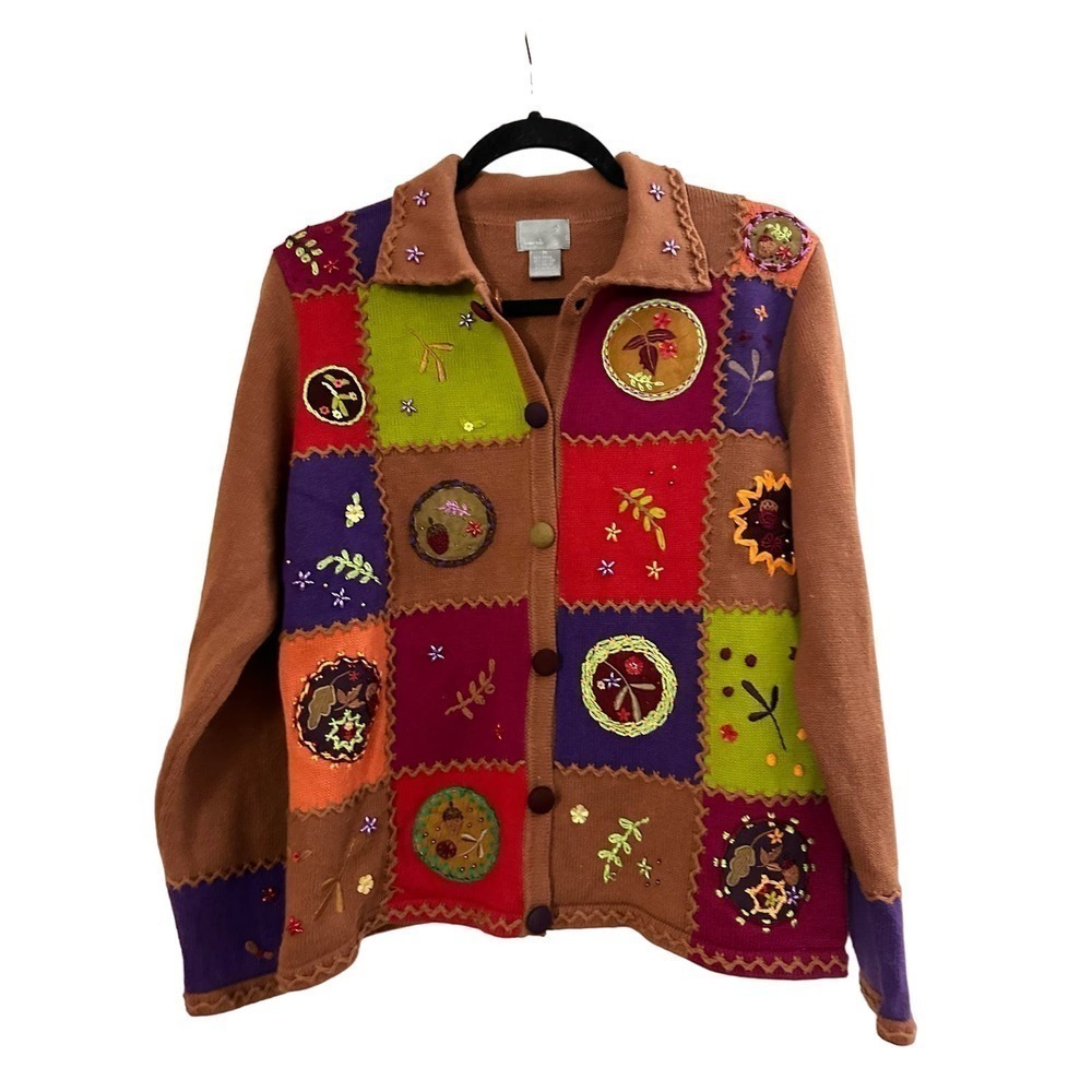 Vintage Berek Heavily Embroidered Fall Patchwork Windowpane Button Cardigan - M